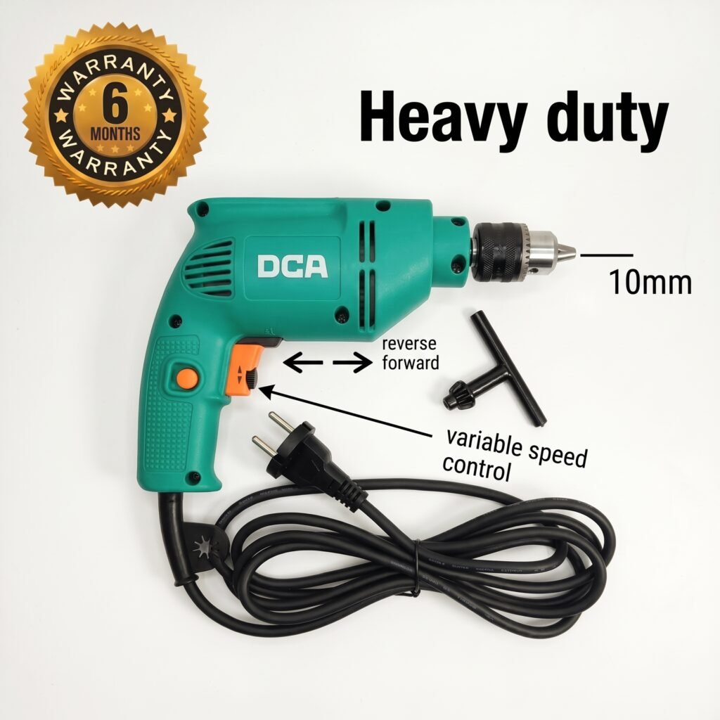 DCA Electric Drill 10mm Chuck, Variable Speed 0–3000 RPM, Forward & Reverse