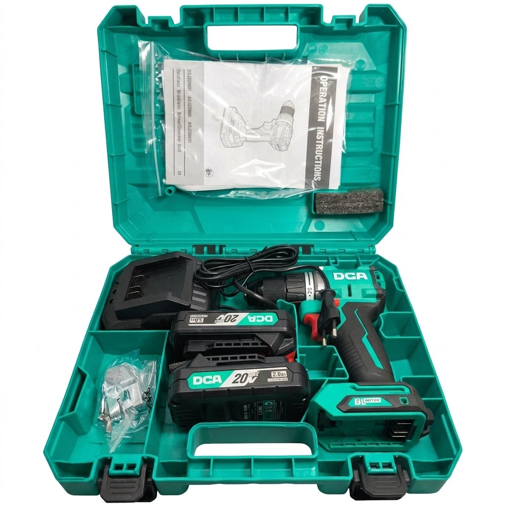 DCA ADJZ2060i 20V Brushless 13mm Cordless Hammer Drill – 2 × 2.0Ah Batteries, Charger & Case