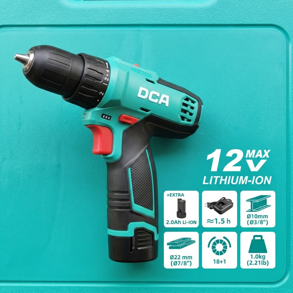 DCA ADJZ1202 12V Cordless Drill 10mm – 2 × 2.0Ah Batteries, Charger & Plastic Case