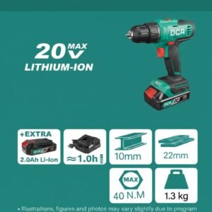 DCA ADJZ2035 20V 10mm Cordless Drill – 40N·m Torque, 2-Speed Variable Speed