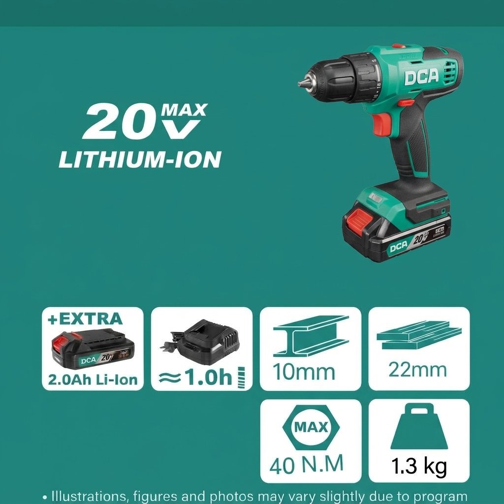 DCA ADJZ2035 20V 10mm Cordless Drill – 40N·m Torque, 2-Speed Variable Speed