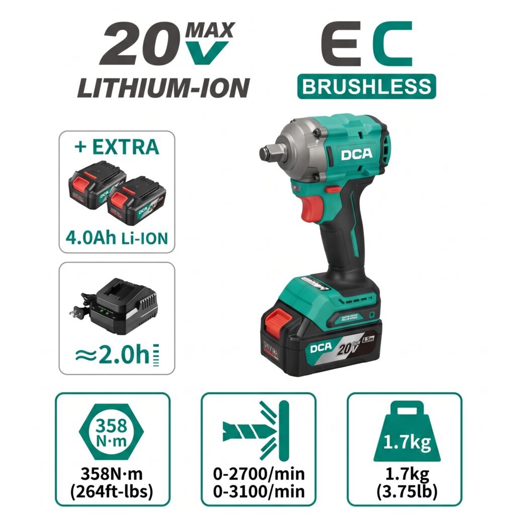 DCA ADPB358 20V Brushless Cordless Impact Wrench – 1/2" Drive, 358 N·m, 2 × 4.0Ah Batteries & Charger