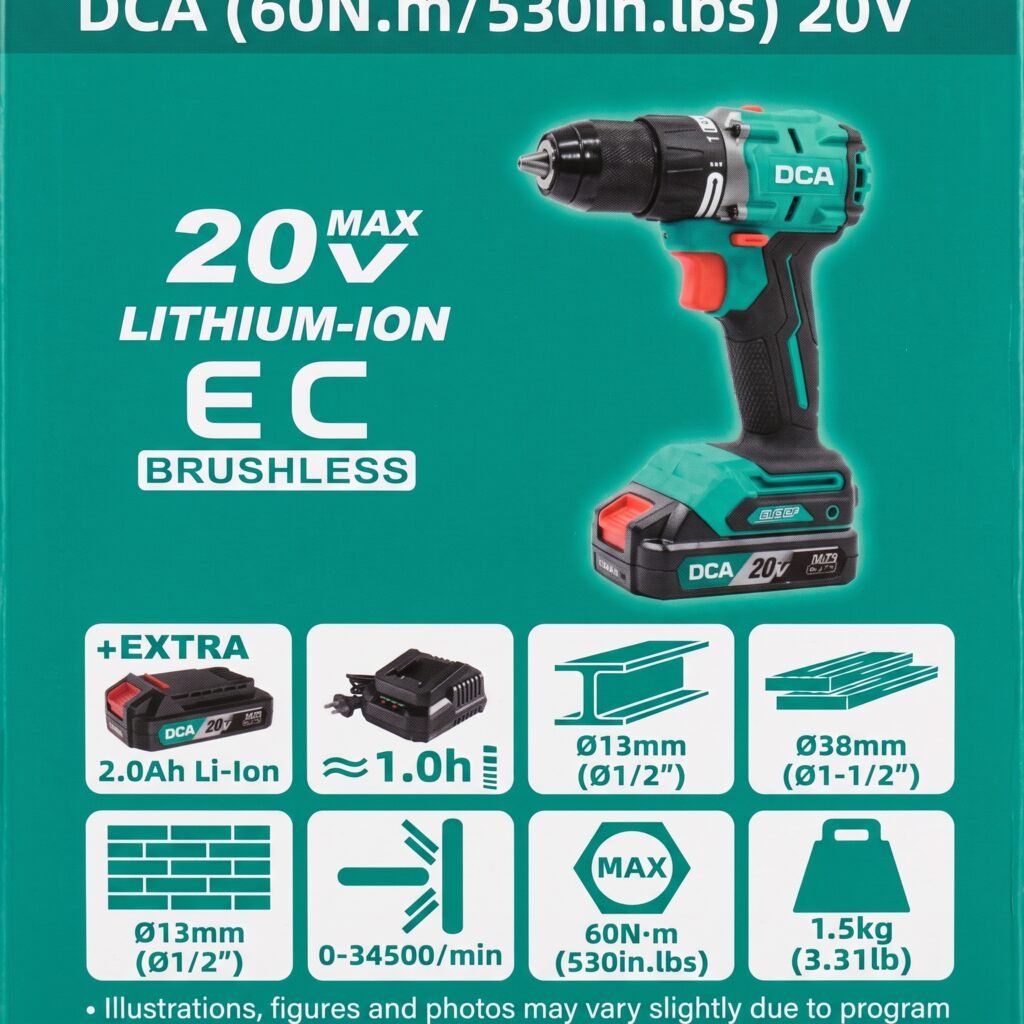 DCA ADJZ2060i 20V Brushless 13mm Cordless Hammer Drill – 2 × 2.0Ah Batteries, Charger & Case