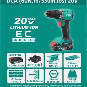 DCA ADJZ2060i 20V Brushless 13mm Cordless Hammer Drill – 2 × 2.0Ah Batteries, Charger & Case